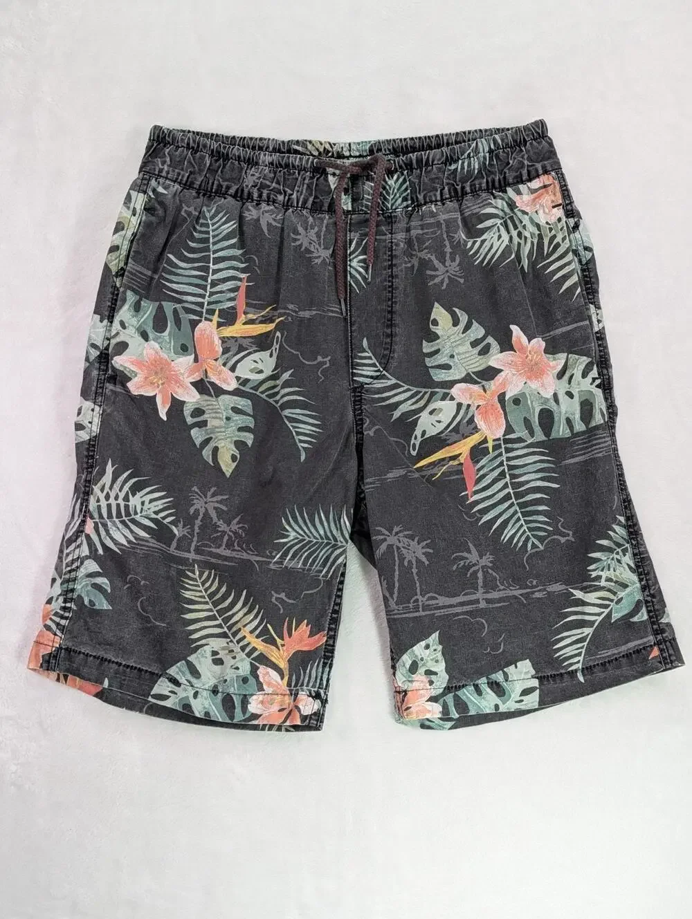 L.O.G.G. H&M Mens Small S Black Tropical Hawaiian Floral Drawstring Shorts Beach
